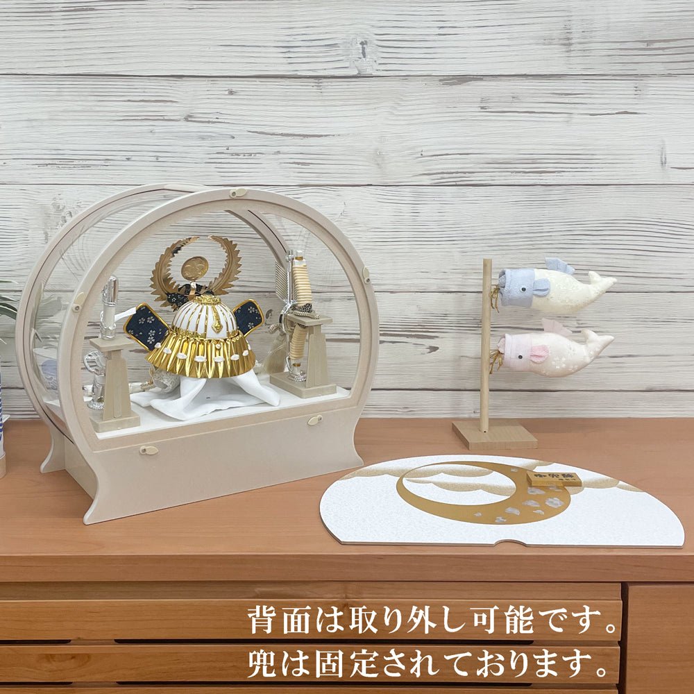 横幅36cm|丸ケース入り飾り|徳川家康 五月人形| ホワイト モダン|コンパクト おしゃれ 兜鎧飾り 端午の節句飾り こどもの日 - ひなせい 五月人形