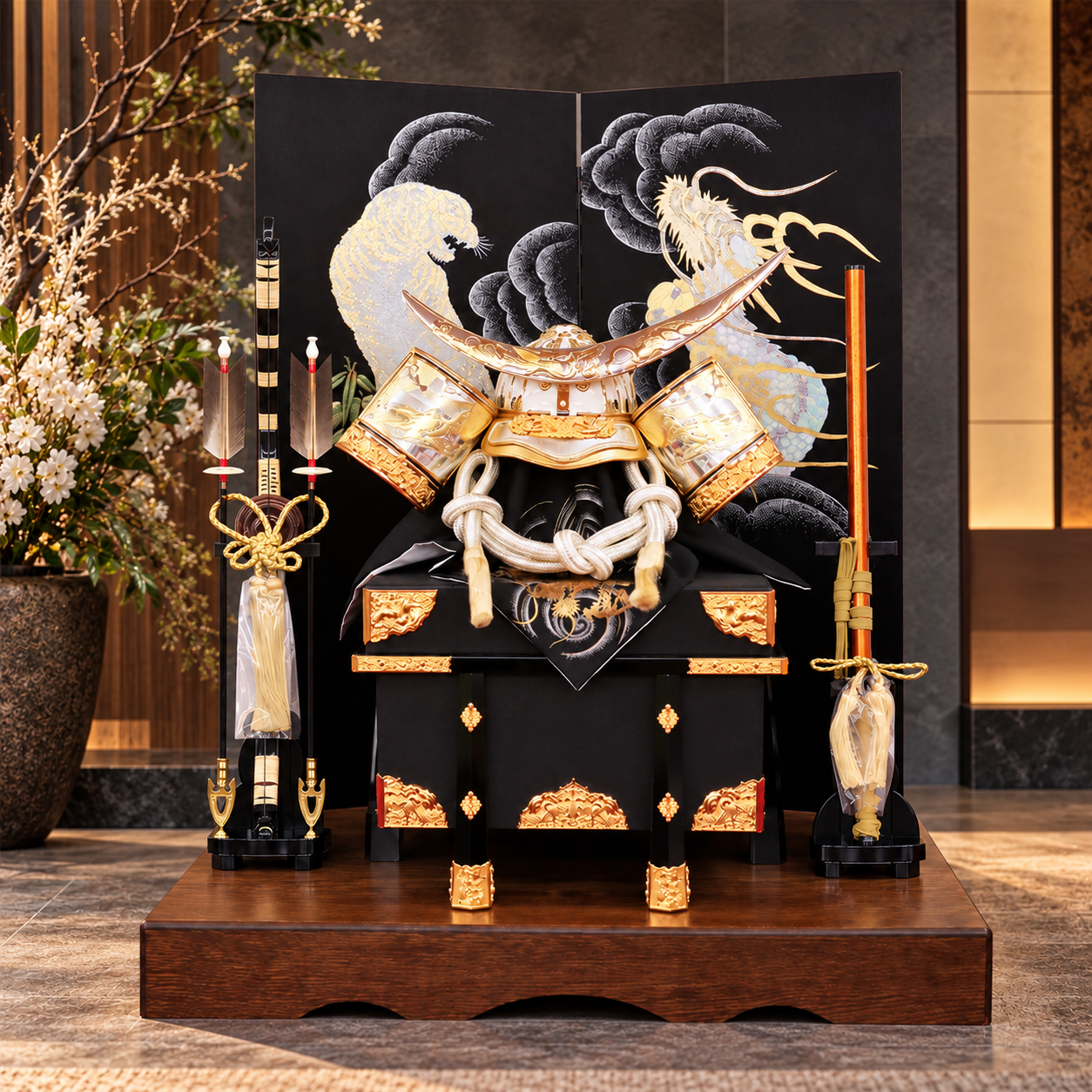 横幅85cm｜着用兜飾り 武将 伊達政宗 白金｜被れる兜飾り｜大きい平