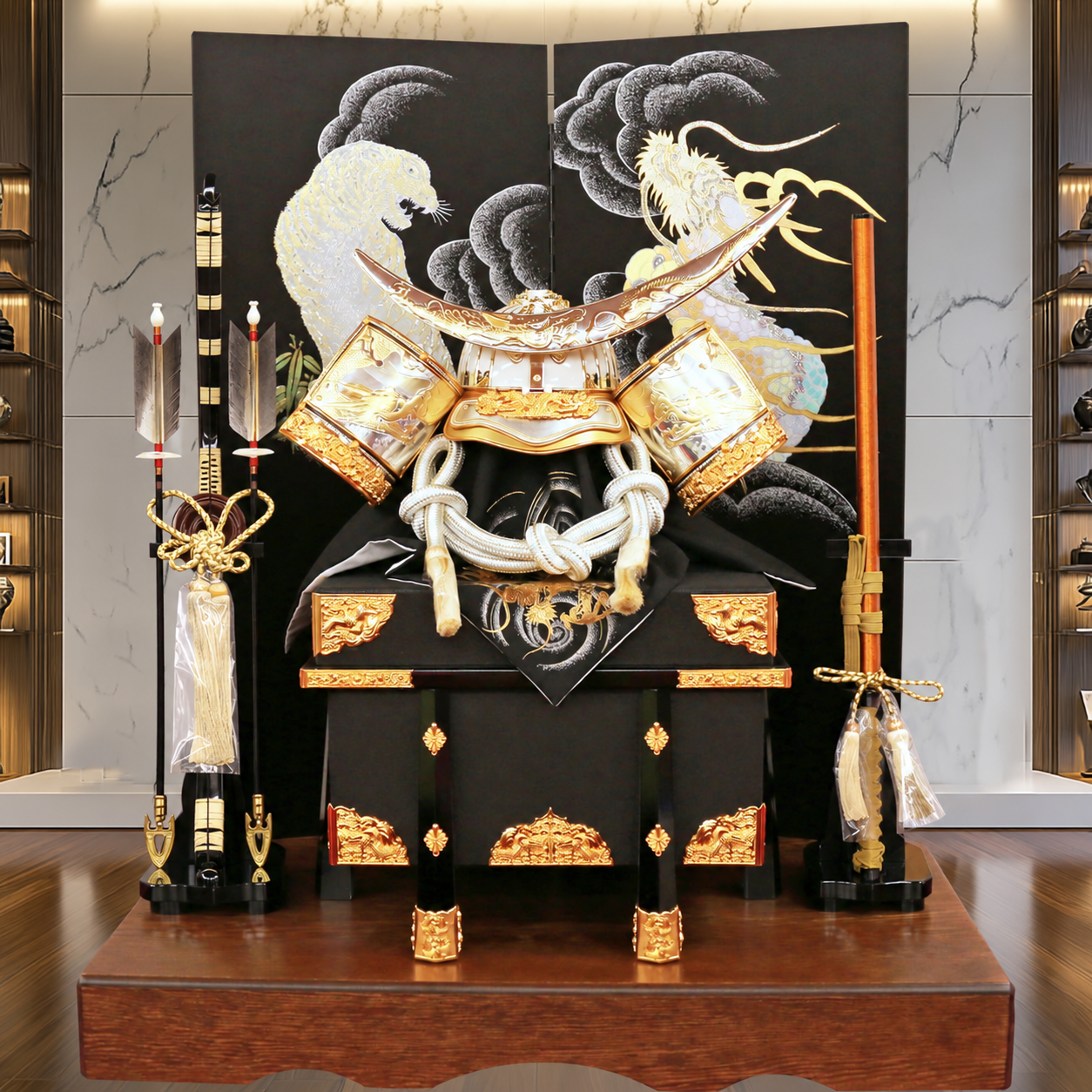 横幅85cm｜着用兜飾り 武将 伊達政宗 白金｜被れる兜飾り｜大きい平