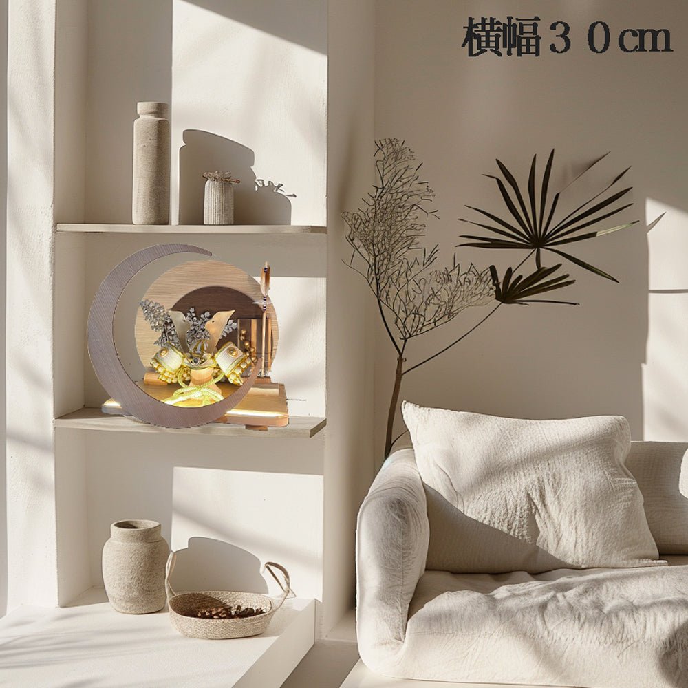 横幅30cm｜4号 くすみ色緑 ナチュラル moonlight｜電気がつく 丸いタイプ 五月人形 コンパクト｜おしゃれ 兜鎧飾り 端午の節句飾り 子どもの日 かぶと - 五月人形 ひなせい