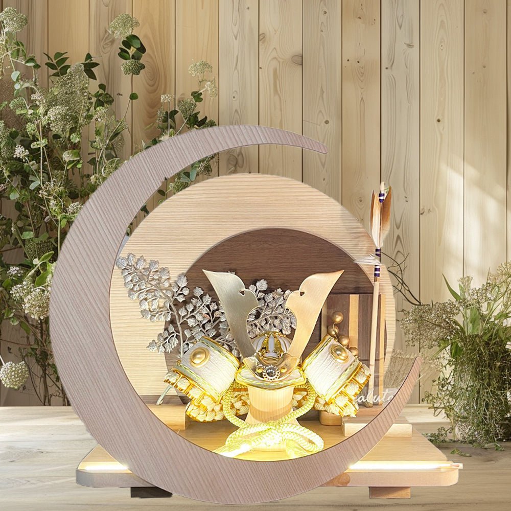 横幅30cm｜4号 くすみ色緑 ナチュラル moonlight｜電気がつく 丸いタイプ 五月人形 コンパクト｜おしゃれ 兜鎧飾り 端午の節句飾り 子どもの日 かぶと - 五月人形 ひなせい