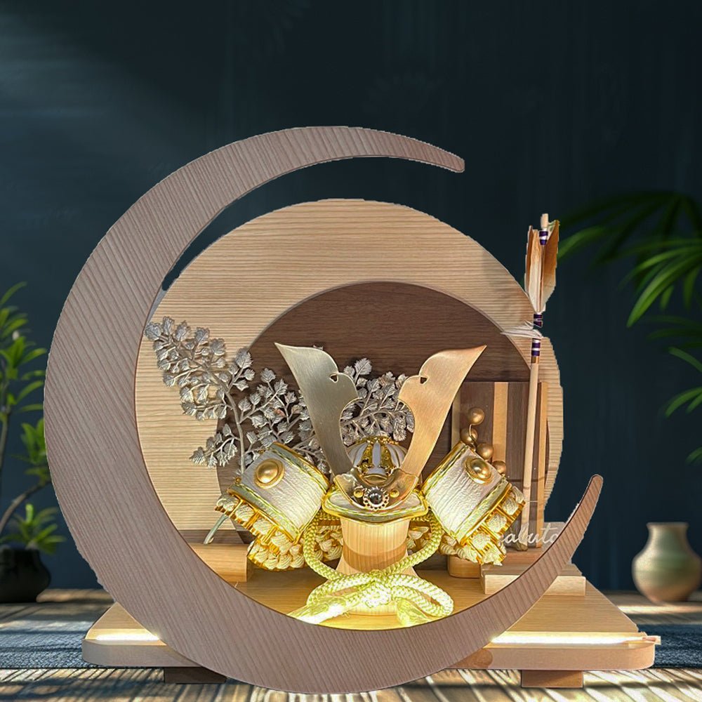 横幅30cm｜4号 くすみ色緑 ナチュラル moonlight｜電気がつく 丸いタイプ 五月人形 コンパクト｜おしゃれ 兜鎧飾り 端午の節句飾り 子どもの日 かぶと - 五月人形 ひなせい