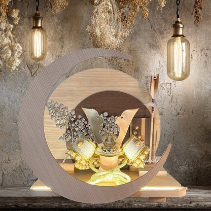 横幅30cm｜4号 くすみ色緑 ナチュラル moonlight｜電気がつく 丸いタイプ 五月人形 コンパクト｜おしゃれ 兜鎧飾り 端午の節句飾り 子どもの日 かぶと - 五月人形 ひなせい