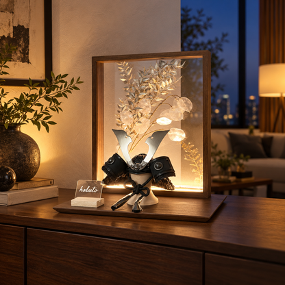 五月人形 兜飾り おしゃれ  和モダン  LED
 ライトアップ  コンパクト飾り ブラウン ブロンズ兜 アクリル 花飾り 5月人形  端午の節句飾り こどもの日 兜