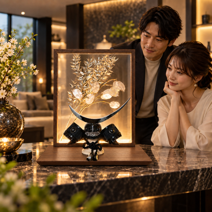 五月人形 兜飾り おしゃれ  和モダン  LED
 ライトアップ  コンパクト飾り ブラウン 伊達政宗 アクリル 花飾り 5月人形  端午の節句飾り こどもの日 兜