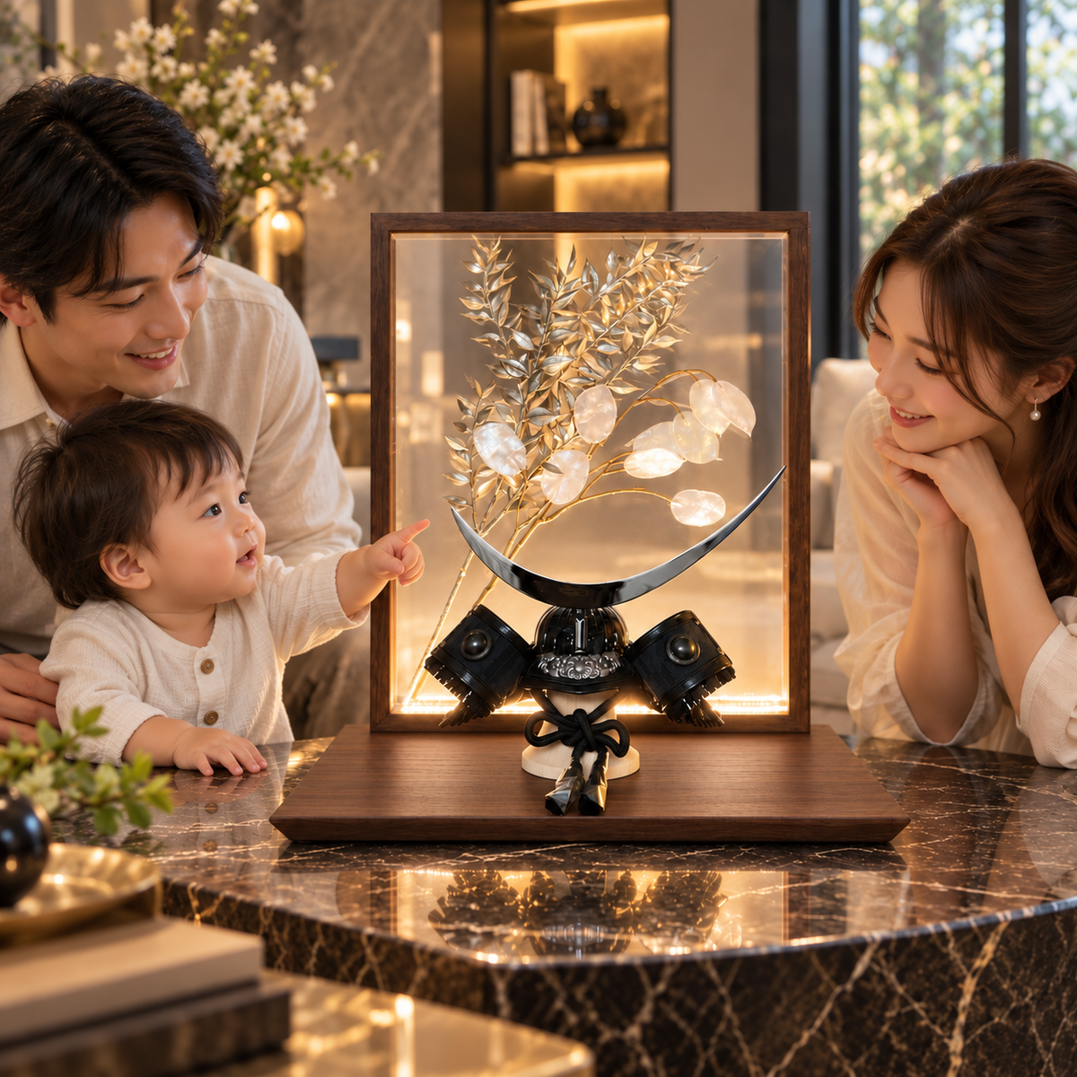 五月人形 兜飾り おしゃれ  和モダン  LED
 ライトアップ  コンパクト飾り ブラウン 伊達政宗 アクリル 花飾り 5月人形  端午の節句飾り こどもの日 兜