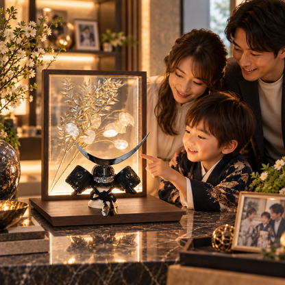 五月人形 兜飾り おしゃれ  和モダン  LED
 ライトアップ  コンパクト飾り ブラウン 伊達政宗 アクリル 花飾り 5月人形  端午の節句飾り こどもの日 兜