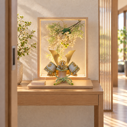 五月人形 兜飾り おしゃれ  和モダン  LED
 ライトアップ  コンパクト飾り 金色 アクリル 花飾り 5月人形  端午の節句飾り こどもの日 兜