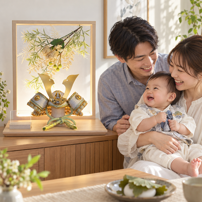 五月人形 兜飾り おしゃれ  和モダン  LED
 ライトアップ  コンパクト飾り 金色 アクリル 花飾り 5月人形  端午の節句飾り こどもの日 兜