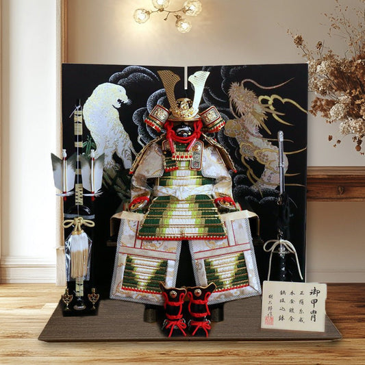 横幅60cm｜7号 鎧飾り 朔太郎作 緑色｜質が良い｜高価な緑色｜グリーンの五月人形｜モダン｜コンパクト おしゃれ 兜鎧飾り 端午の節句飾り こどもの日 5月人形 人気 かわいい - ひなせい 五月人形