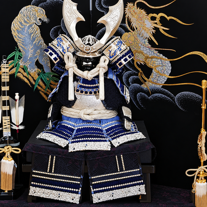 横幅60cm｜7号ブルーの鎧｜小さめで勇ましい鎧｜ 青色で綺麗 ｜五月人形節句飾り｜コンパクト おしゃれ 兜鎧飾り 端午の節句飾り こどもの日 5月人形 人気 - ひなせい 五月人形