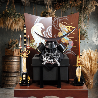 85cm Wide | Worn Helmet of Warrior Date Masamune, Black | Beautifully Smoked Silver | May Doll | Stylish Helmet and Armor Decoration, Children's Day Decoration, Popular May Doll