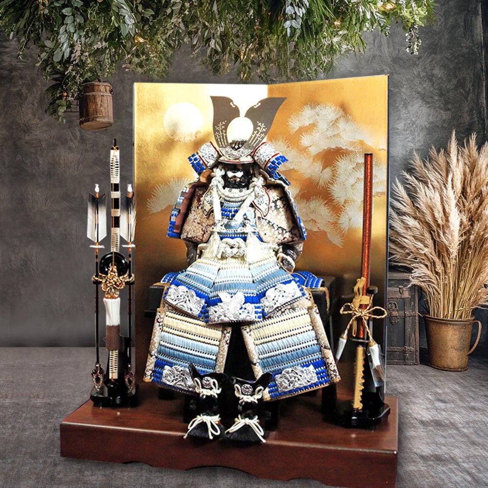 横幅85cm｜翠鳳作 12号青段鎧｜青い鎧が美しい！｜五月人形 ｜良い見栄えの金屏風｜おしゃれ 兜鎧飾り 端午の節句飾り こどもの日 5月人形 石破首相 トランプ大統領へ - ひなせい 五月人形