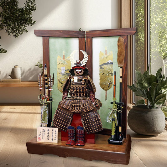 横幅85cm｜武将 徳川家康 ｜牛革の鎧飾り｜雄山作｜五月人形｜本物志向｜ おしゃれ 兜鎧飾り 端午の節句飾り こどもの日 5月人形 人気 - ひなせい 五月人形